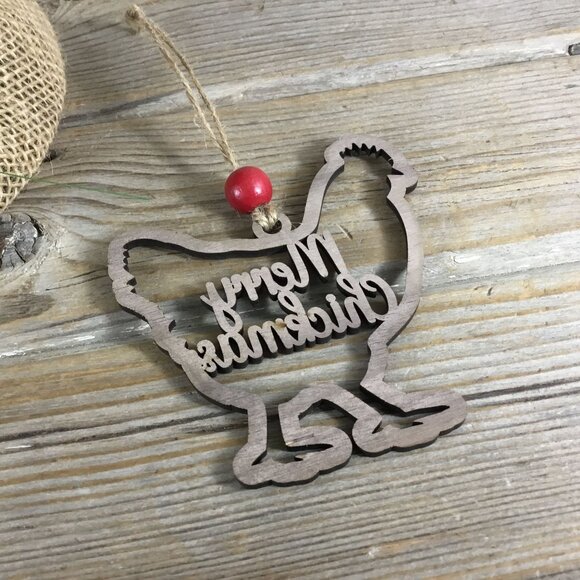 Merry Chickmas Wood Chicken Christmas Ornament - Picture 5 of 5
